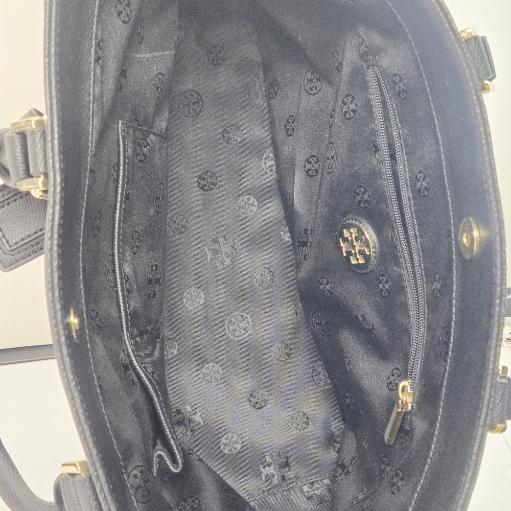 Black Leather Tory Burch Tote Bag with Gold Accents - Picture 7 of 13